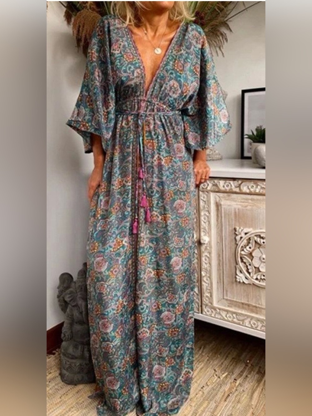 Boho Chic Floral Maxi Dress with Tassel Tie - Teal
